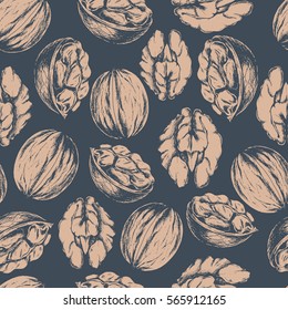Vector seamless background with silhouette of walnut on dark grey. Hand drawn healthy food illustration in vintage style for print, fabric, wrapping, menu and other design. 