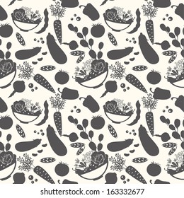 Vector seamless background with silhouettes of decorative vegetables, plates and dishes