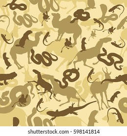 Vector seamless background with silhouettes of reptiles and animals in the desert yellow, beige