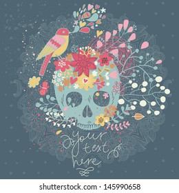 Vector seamless background with skull in flowers and bird singing. Spring floral concept card in mexican tradition with place for text 