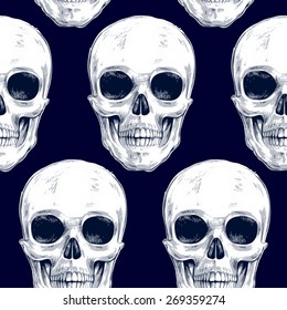 Vector seamless background. Skulls. Design for fabrics, textiles, paper, wallpaper, web. Retro. Vintage style. Black and white.