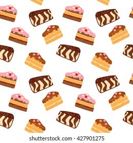 Vector seamless background with slices of cake on a white background. Sponge cake, cheesecake, cake zebra pattern. Appetizing delicious confectionery packaging design and menu