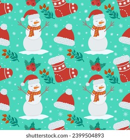 Vector seamless background with snowman,red hat,red sock and winter berries.   Illustration of a winter New Year is card.Festive background. Design for wallpaper, wrapping paper, gifts, greeting cards