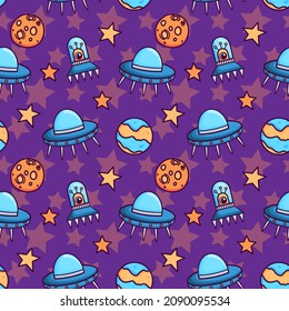 Vector seamless background with space elements. Pattern with comets, planets, stars and methiorite. It can be used to design textiles, clothing, notebooks, wrapping paper.