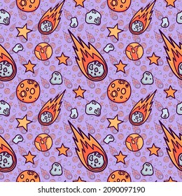 Vector seamless background with space elements. Pattern with comets, planets, stars and methiorite. It can be used to design textiles, clothing, notebooks, wrapping paper.