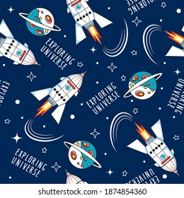 Vector Seamless Background Space Pattern. Space Background Illustration. Template With Cartoon Space Rockets, Planets, Stars, Slogans. Illustration For Textile, T-shirt Prints And Other Uses. 