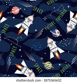 Vector Seamless background space pattern. Space background illustration. Template with cartoon space rockets, planets, stars, slogans. illustration for textile, t-shirt prints and other uses. 