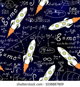 Vector seamless background with spaceships, rockets, star's constellations in a deep space,mathematical formulas and calculations