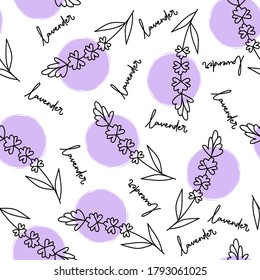 Vector seamless background with sprigs of lavender and hand lettering lavender. Design element for perfume, cosmetics, essential oils, medicine. Delicate background for fabric, paper, wallpaper.