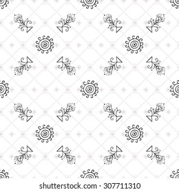 Vector seamless background. Square pattern with the slavic symbols of the sun and the tree of life. Backdrop pattern similar to cross stitch.
