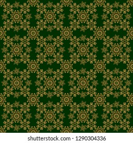 Vector seamless background. Star pattern on a green backdrop, golden vintage ornament. Luxury golden seamless pattern with stars. Gold decorations.