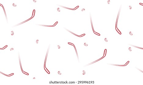 Vector seamless background of sticks and pucks on a white background. Pattern of supplies for hockey.