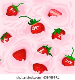 Vector seamless background with strawberries in milk yogurt. Pattern of fruit pink cream with berries. Strawberries in liquid cream cheese. Seamless milk waves