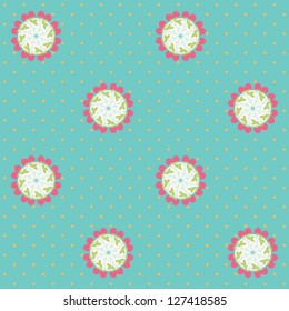 Vector seamless background. Strawberries and polka dots. Calico pattern.