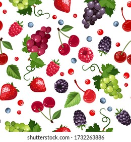Vector seamless background with strawberries, raspberries, grapes, blackberries, cherries, blueberries and current berries.