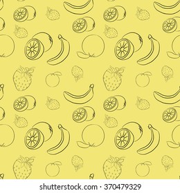 Vector seamless background. Strawberry, banana, Orange. Yellow background