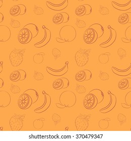 Vector seamless background. Strawberry, banana, Orange. Orange background