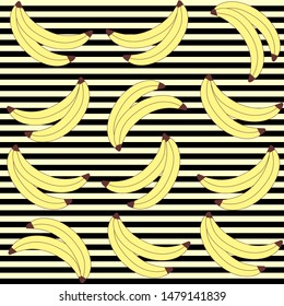 Vector seamless background with stripes and bananas. 