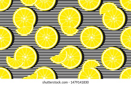 Vector seamless background with stripes and lemon slices with black shadow. 