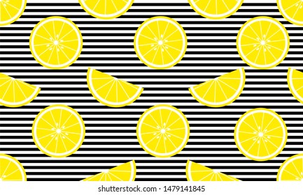 Vector seamless background with stripes and lemon slices. 