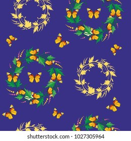 vector seamless background with summer wreath and butterflies