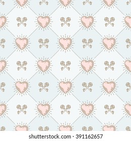 Vector seamless background with sunburst hearts and crossed vintage keys - pattern for wallpaper, wrapping paper, book flyleaf, envelope inside, etc.