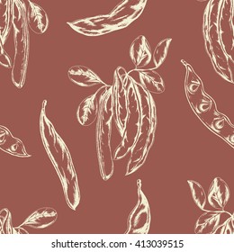 Vector seamless background with super food Carob. Hand drawn branch of Carob with leaves and carob pods in sketch style on brown. For fabric, wrapping, banner and other seamless design.