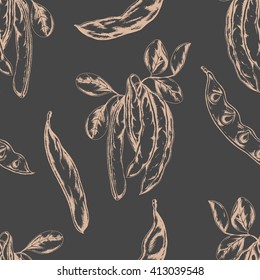 Vector seamless background with super food Carob. Hand drawn branch of Carob with leaves and carob pods in sketch style  .For fabric, wrapping, banner and other seamless design.
