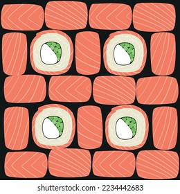 Vector seamless background with sushi rolls
