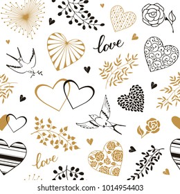 Vector de fondo transparente con golosinas, corazones de garabatos y ramas dibujadas a mano. Decoración del día de San Valentín con colores dorados aislados en el fondo blanco. Tapa romántica para el diseño de papel.