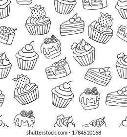 Vector seamless background with sweet cakes with berries, coloring page for children and adults