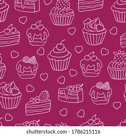 Vector seamless background with sweet cakes and cupcakes with berries, white outline on a red and crimson background