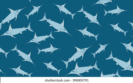 Vector seamless background of swordfish. Chaotic swordfish