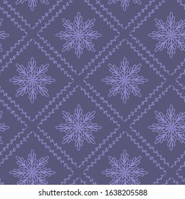 Vector seamless background, symmetrical light lilac mandala and leaves pattern on muted purple backdrop. Beautyful retro tile for wrapping and decoration in old wallpapers style.
