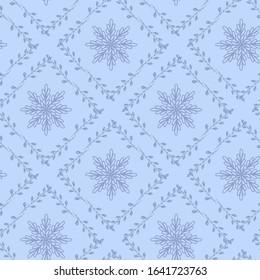 Vector seamless background, symmetrical light pattern on muted blue backdrop. Beautyful retro tile for wrapping and decoration in old wallpapers style.