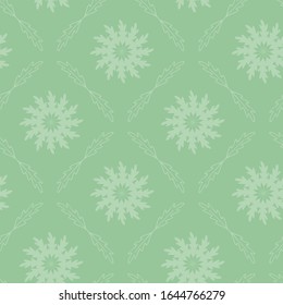 Vector seamless background, symmetrical light pattern with oak leaves mandalas on muted green backdrop. Beautyful retro tile for wrapping and decoration in old wallpapers style.