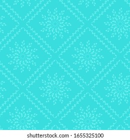 Vector seamless background, symmetrical light blue pattern with leaves mandalas on turquoise backdrop. Beautyful retro tile for wrapping and decoration in old wallpapers style.