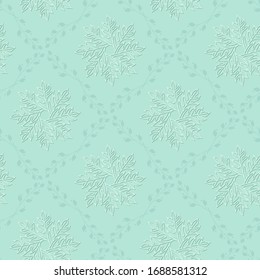 Vector seamless background, symmetrical twigs and leaf mandalas  pattern on muted light green-turquiose backdrop. Beautyful retro tile for wrapping and decoration in old wallpapers style.