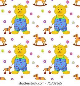 Vector seamless background, teddy bear with toy horsy