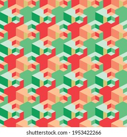 Vector seamless background. Texture geometrical abstract patterns with red and green figures.
