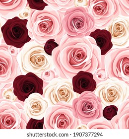 Vector seamless background texture with pink, burgundy and white roses.