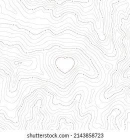 Vector seamless background with texture topographic contour line, isolines with red heart. Map. Isolated on white background.