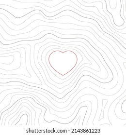 Vector seamless background with texture topographic contour line, isolines with red heart. Map. Isolated on white background.
