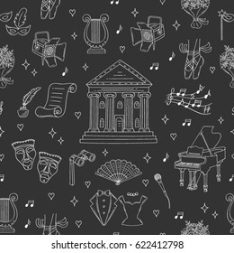 Vector seamless background with theater symbols comedy and tragedy masks, theater building, theatrical binoculars, grand piano, lyre, ballet shoes, hand fan, spotlight, hand drawn, doodle style.
