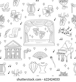 Vector seamless background with theater symbols, theatrical stage, comedy and tragedy masks, curtains, theater building, lyre, grand piano, spotlight, tuxedo, evening dress, hand drawn, doodle.