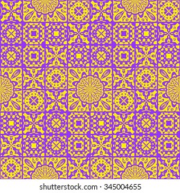 Vector seamless background of tiles decorated with patterns. Stylized flowers, geometric shapes. Purple and yellow abstract tile.