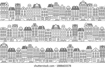 Vector seamless background with townhouses in European style. Hand-drawn houses black on white. Stock vector illustration.