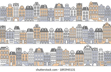 Vector seamless background with townhouses in European style. Hand-drawn houses in retro colors. Stock vector illustration.