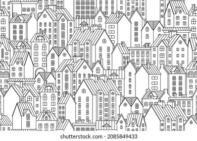 Vector seamless background with townhouses. Hand-drawn houses in one color. Stock vector background.