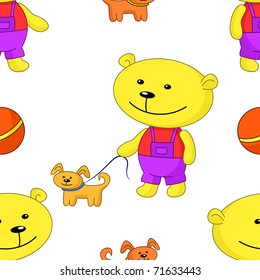 Vector seamless background, toy teddy bear walks with a dog